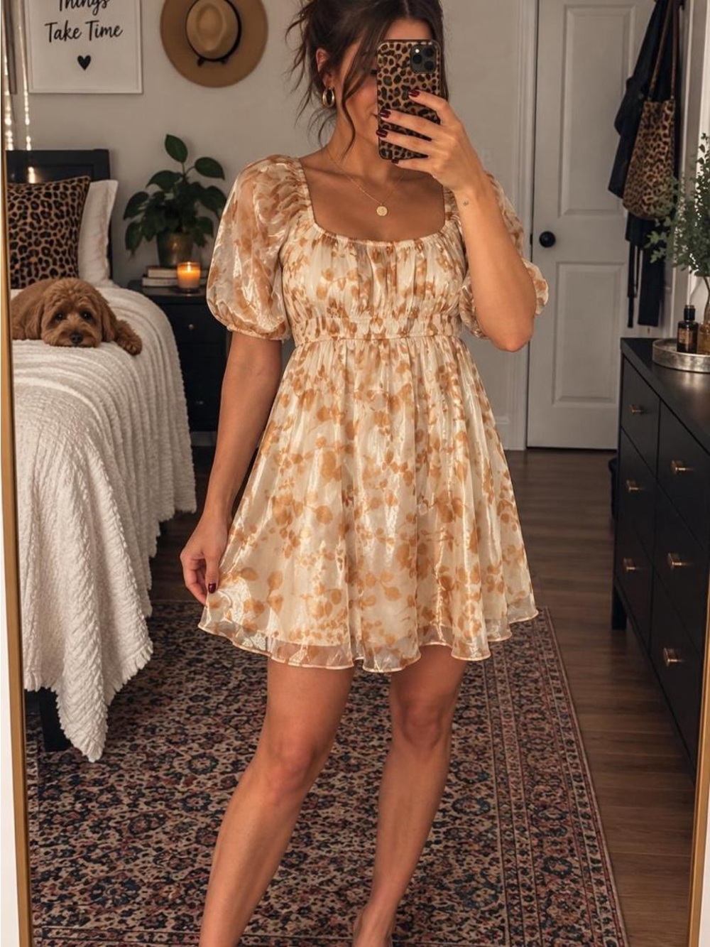 Baevely Floral Puff-Sleeve Mini Dress in Cream & Tan